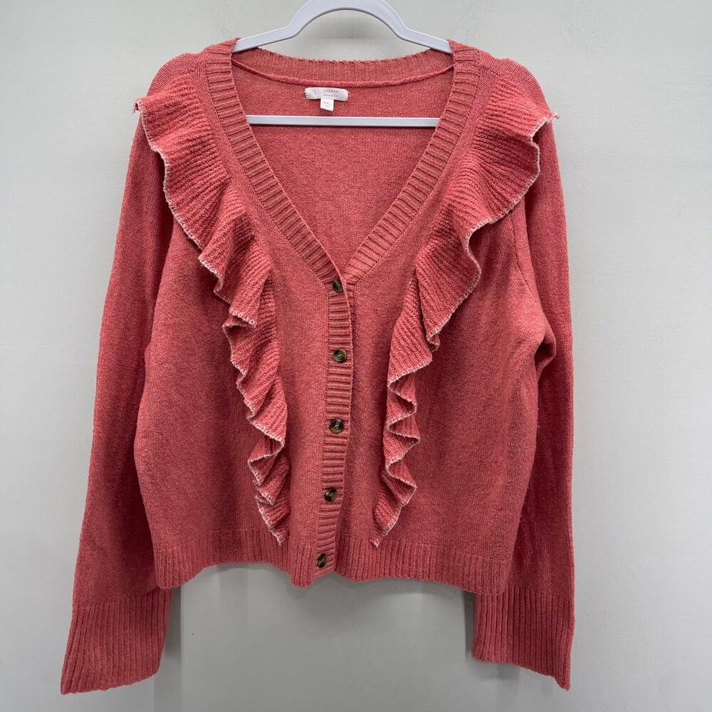 Lauren Conrad Cardigan Sweater Womens XXL Coral Pink Ruffle‎ V-Neck
